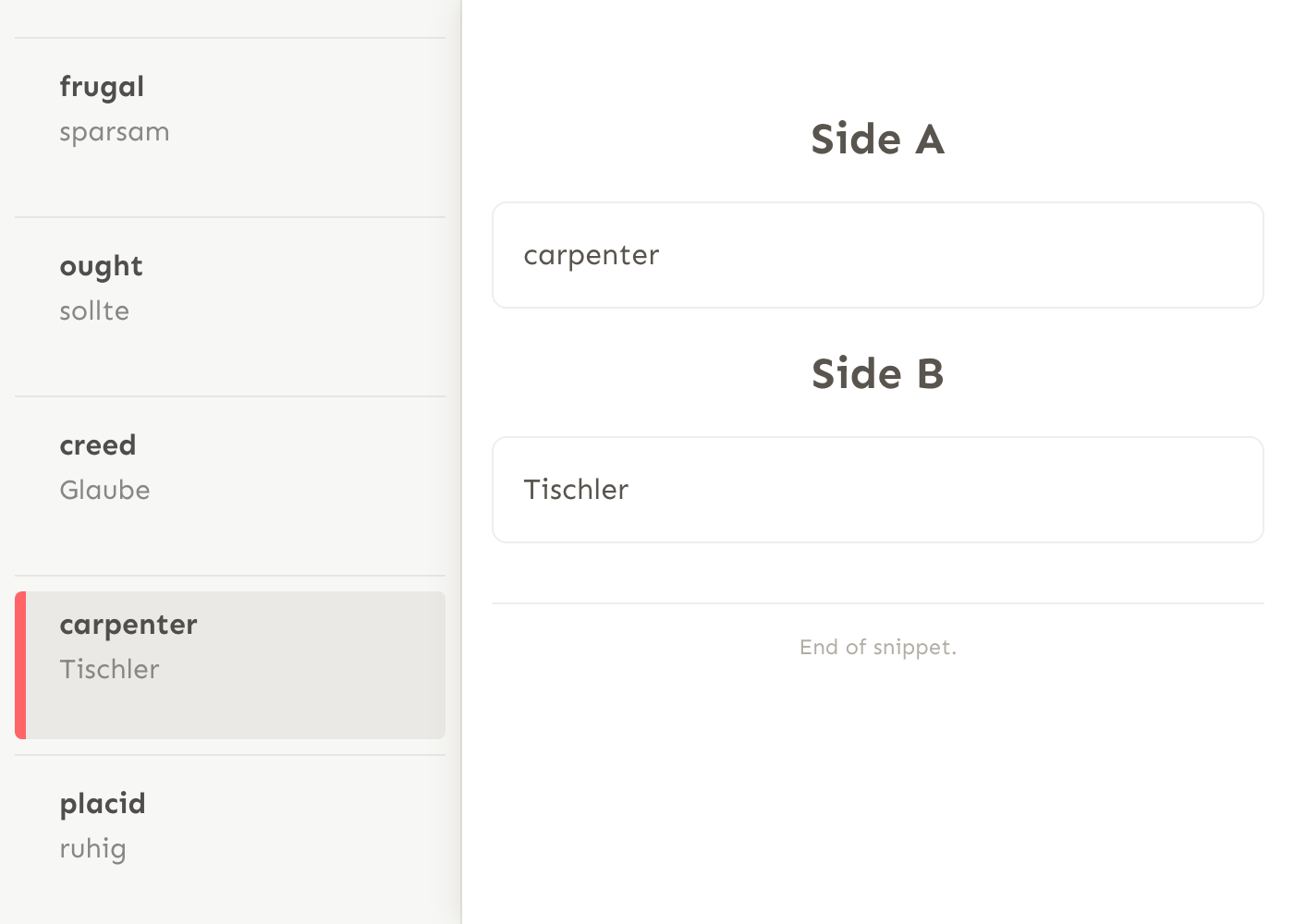Snippets flashcard snippet